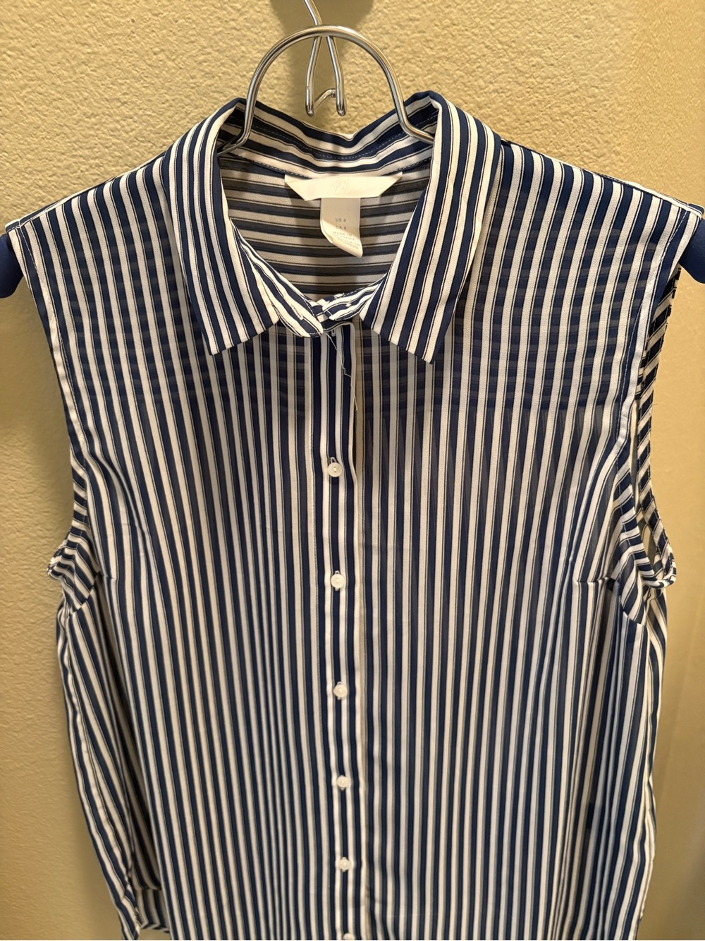 H&M Navy and White Striped Sleeveless Button-Down Shirt